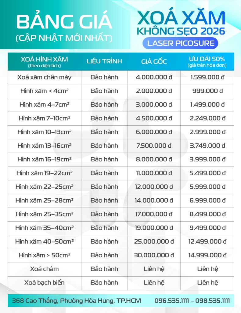 bảng giá xóa xăm 2026 tại Yeosin