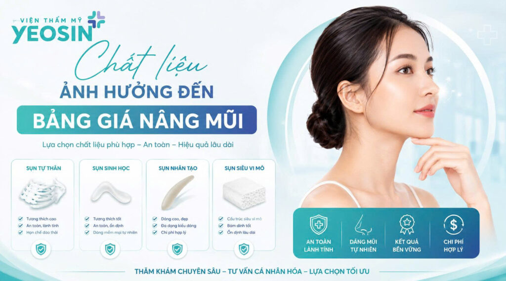 Nâng mũi giá bao nhiêu tiền? Bảng giá nâng mũi 2026 14 Chất liệu sẽ ảnh hưởng đến bảng giá nâng mũi.